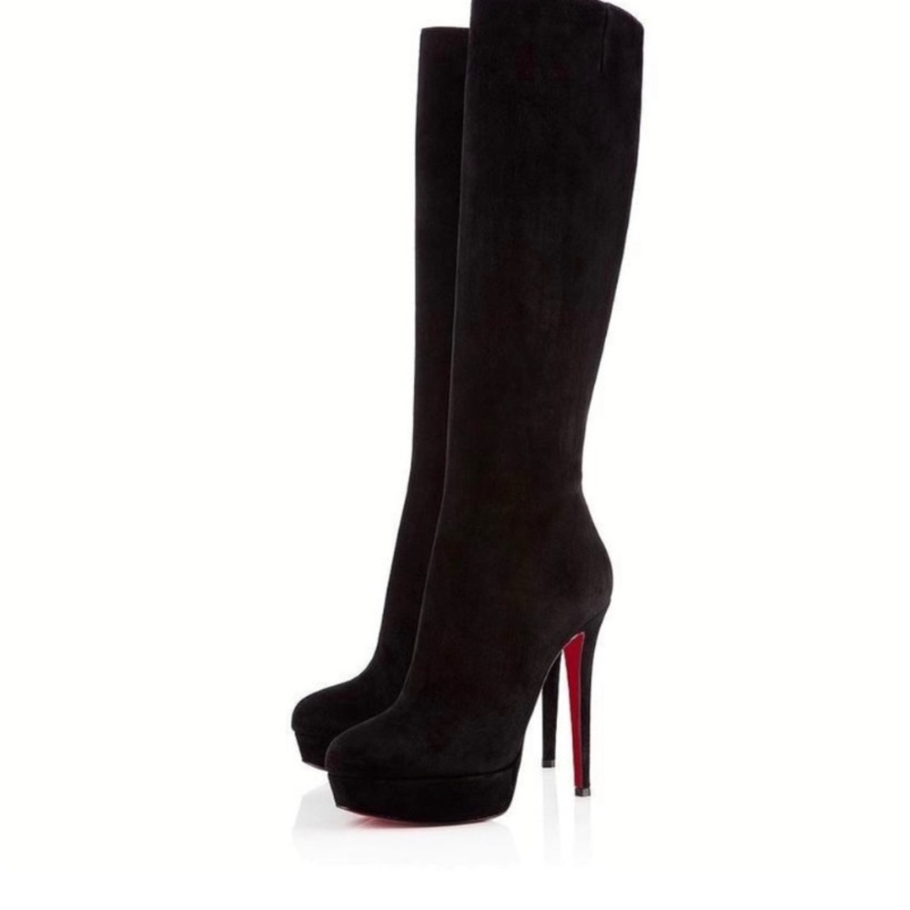 Christian Louboutin Black Suede Bianca Botta Knee High Boots Sz 37.5 US 7 In Box